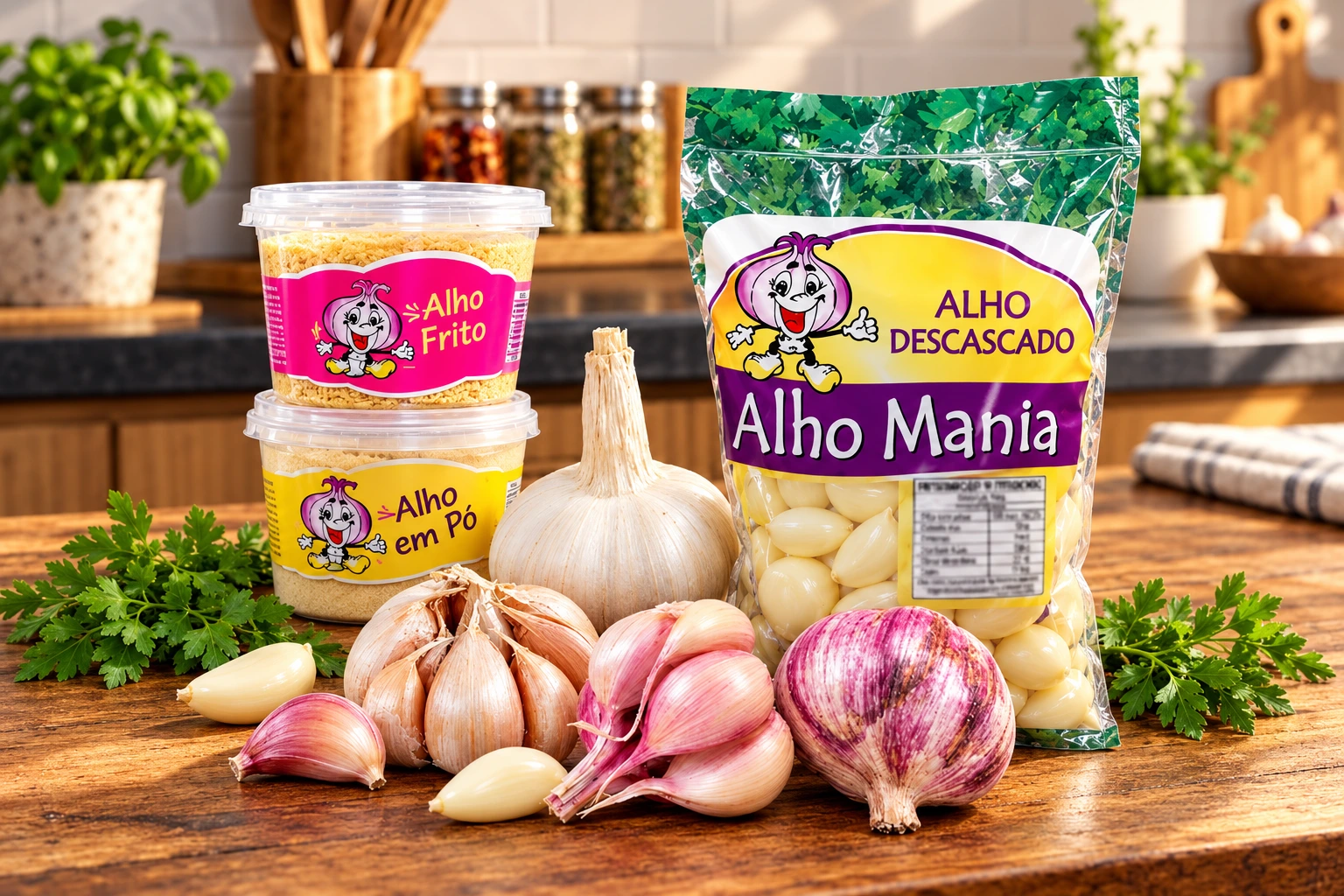 Alho descascado, alho frito e temperos Alho Mania
